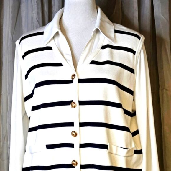 Adrianna Papell Striped Button Front Long Sleeve Preppy Knit Sweater Vest Blouse - Picture 11 of 15